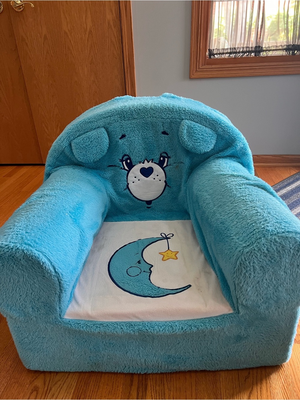 The Land of Nod Plush Blue Kids Chair with Moon & Star Accent